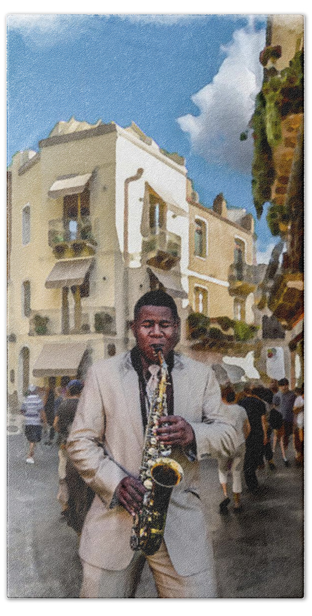 Street Music Beach Towel featuring the digital art Street Music. Saxophone. by Alex Mir