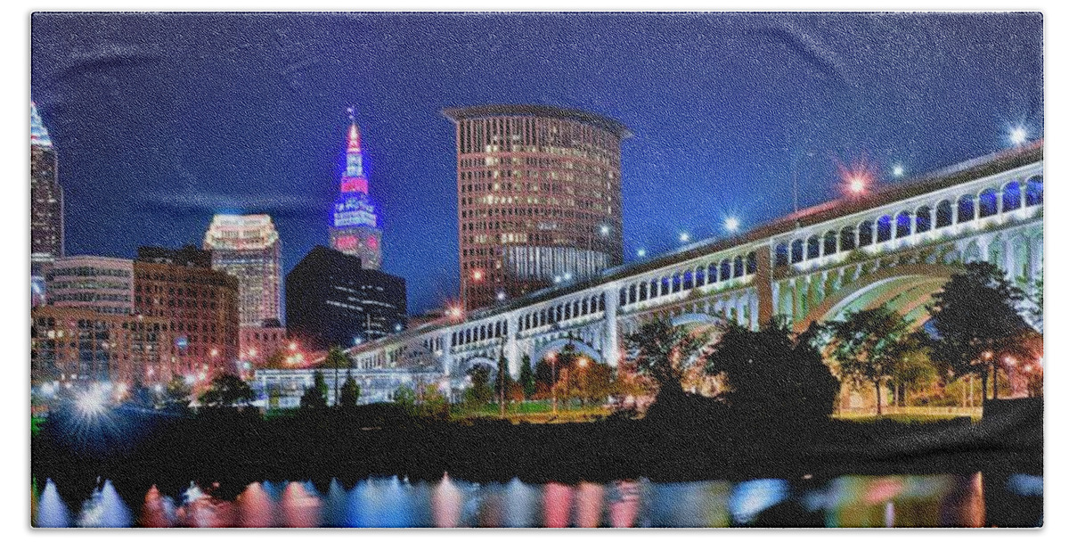 Cleveland Beach Sheet featuring the photograph Stretching out on a Colorful Night by Frozen in Time Fine Art Photography