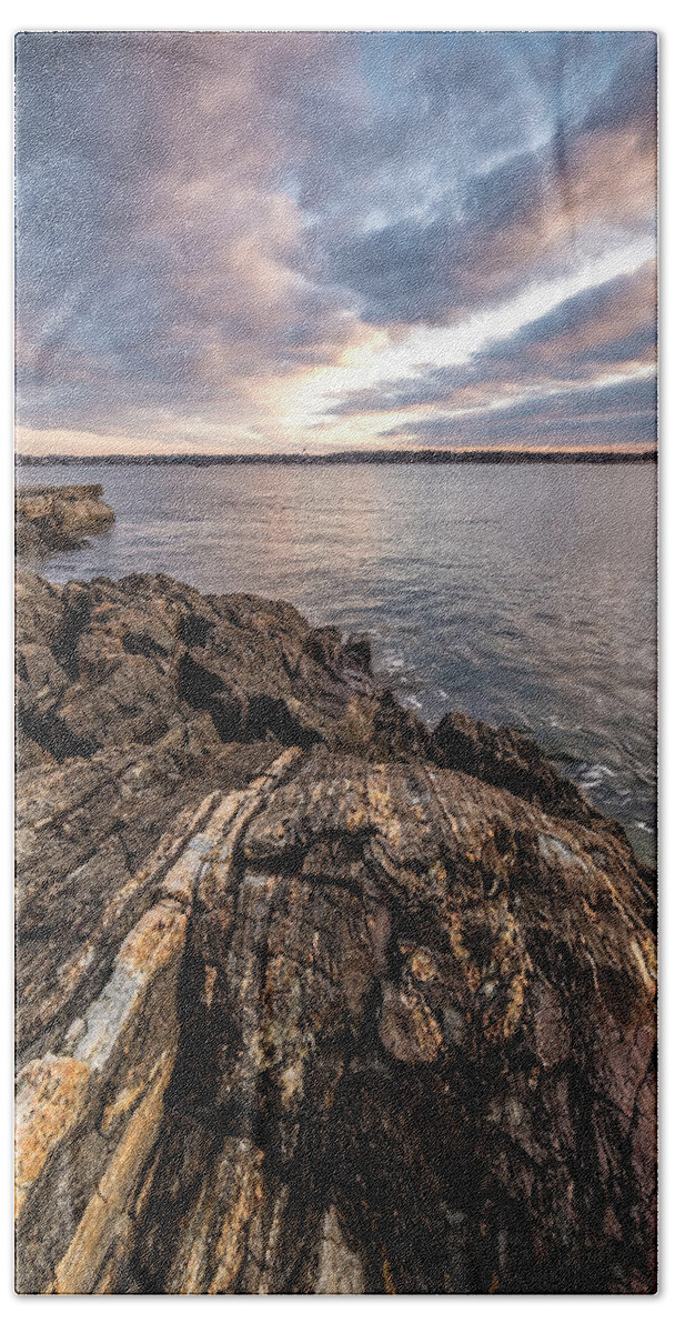 New Hampshire Beach Towel featuring the photograph Striations. Leading Lines In The Rocks by Jeff Sinon