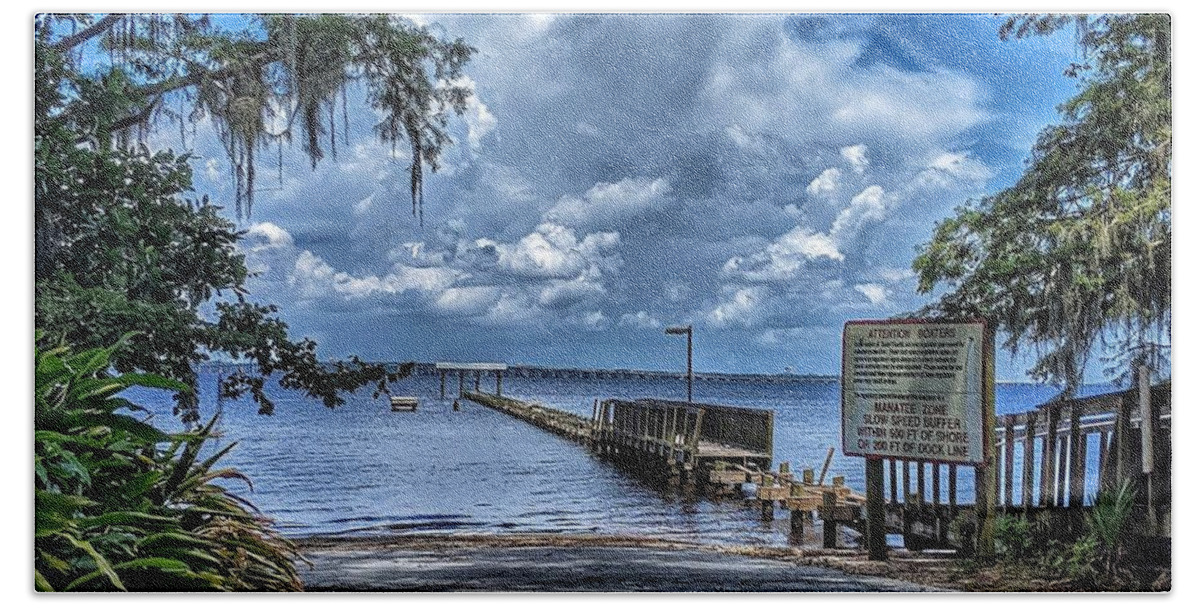 Clouds Beach Towel featuring the photograph Strolling by the Dock by Portia Olaughlin