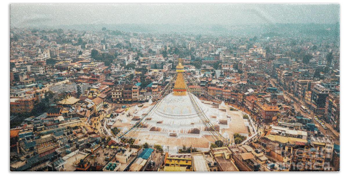Buddhist Beach Towel featuring the photograph Stupa temple Bodhnath Kathmandu, Nepal from air October 12 2018 by Raimond Klavins