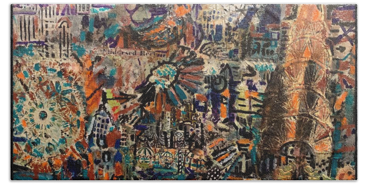  Beach Towel featuring the mixed media Sunday Fun in the City by Tommy McDonell