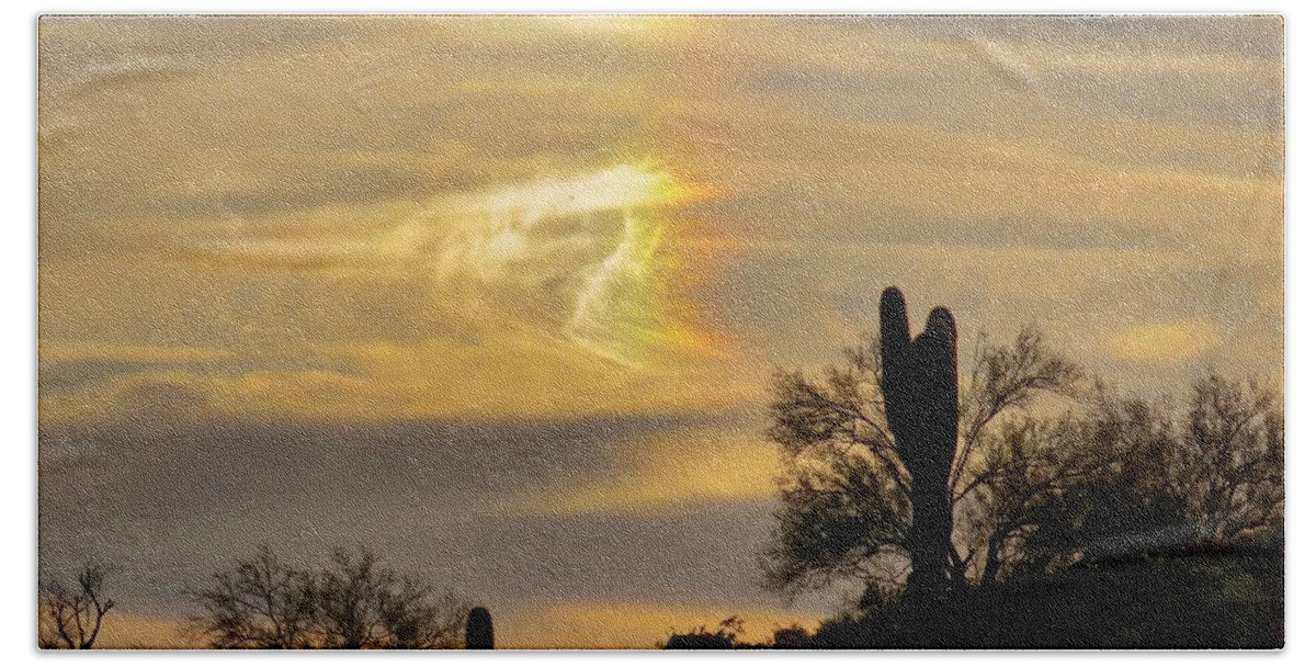 Affordable Beach Sheet featuring the photograph Sundog and Saguaro by Judy Kennedy
