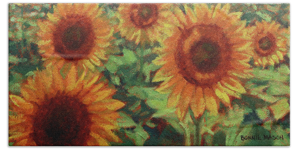 Sunflowers Beach Sheet featuring the painting Sunflower Farm by Bonnie Mason