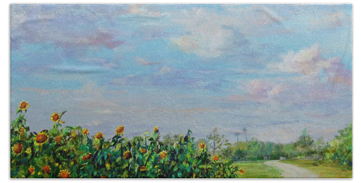 Sunflowers Beach Towel featuring the painting Sunflower Field ptg by AnnaJo Vahle