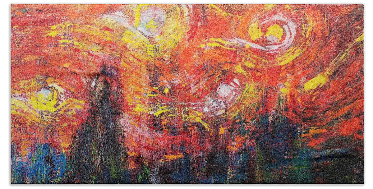 Post Impressionistic Abstract Landscape Structural Painting. Beach Towel featuring the painting Sunny Afternoon by Jarek Filipowicz