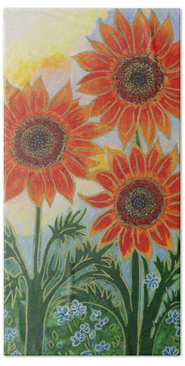 Sunflowers Beach Towel featuring the painting Sunny Red-Orange Sunflowers by Holly Carmichael
