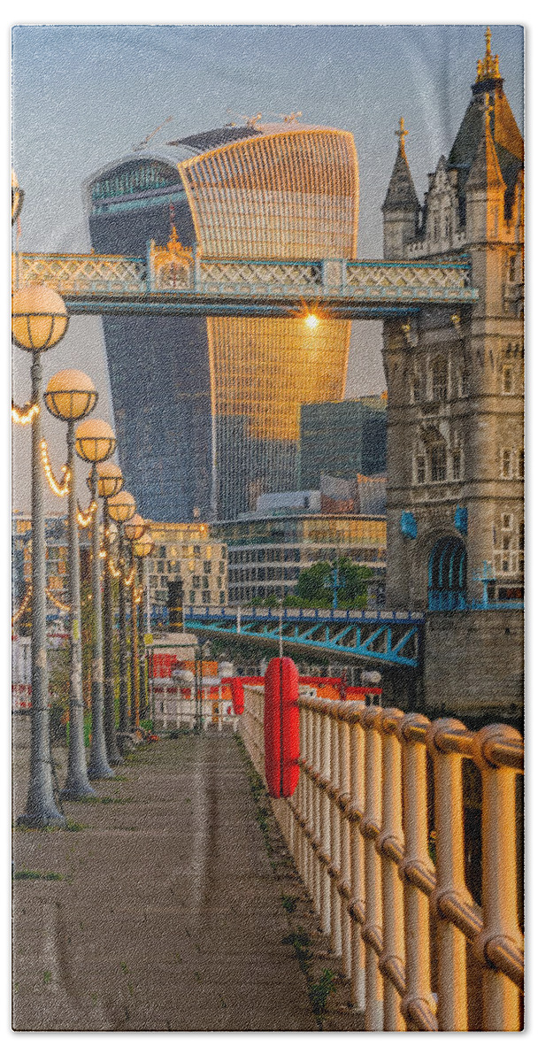 London Beach Towel featuring the photograph Sunrise at Tower bridge in London, England by George Afostovremea