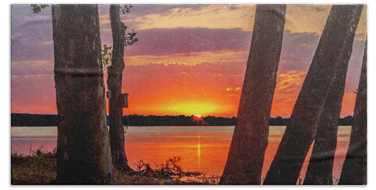 Grand Lake Beach Towel featuring the photograph Sunrise from Monkey Island by David Wagenblatt