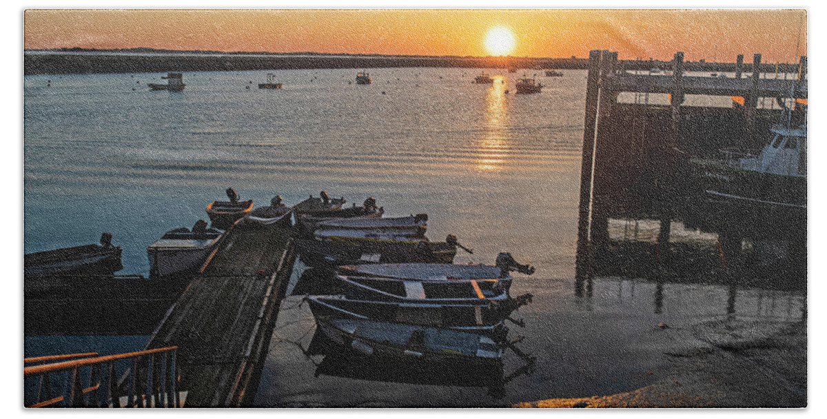 Plymouth Beach Towel featuring the photograph Sunrise in Plymouth MA dock pier boats Golden Sun by Toby McGuire