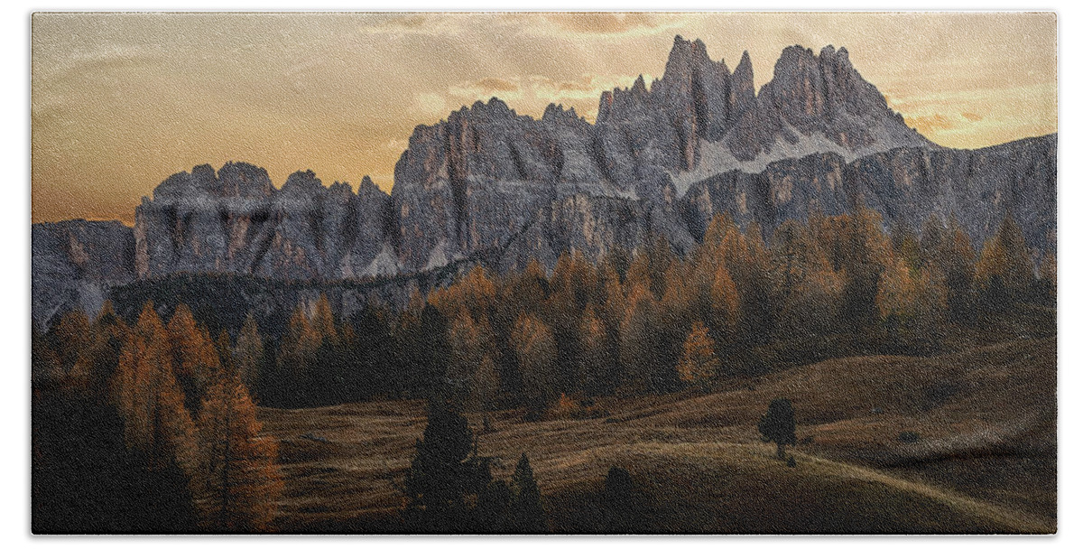  Dolomites Beach Towel featuring the photograph Sunrise in the Dolomites by Jon Glaser