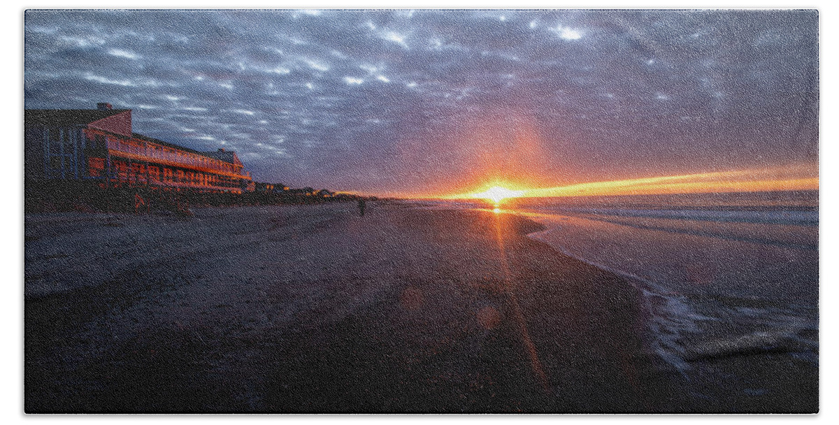 Oak Island Beach Towel featuring the photograph Sunrise walk on the beach by Nick Noble