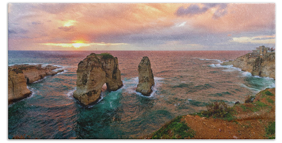 Photography Beach Towel featuring the photograph Sunset At The Raouche Coast, Beirut by Panoramic Images