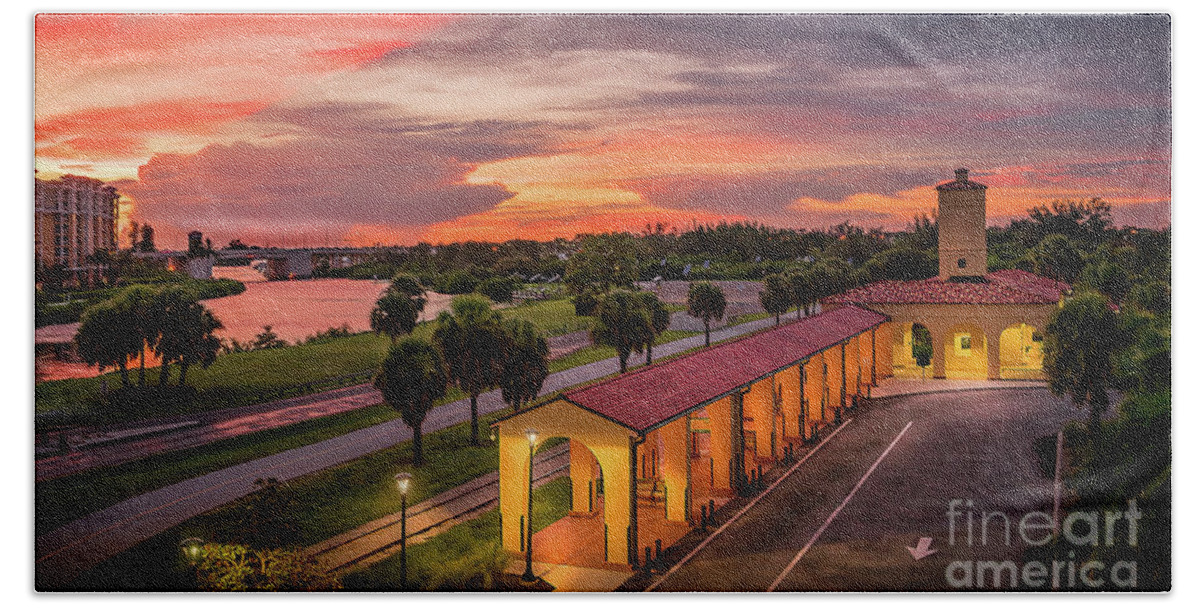 Legacy Trail Beach Towel featuring the photograph Sunset at the Train Depot in Venice, Florida 2 by Liesl Walsh