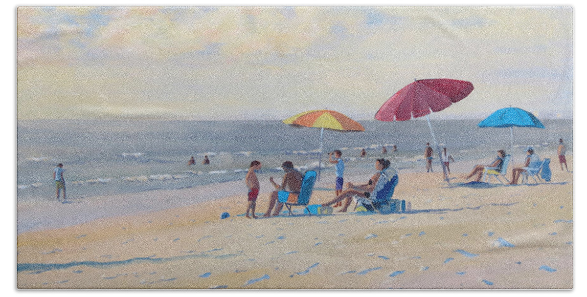 Spring Beach Towel featuring the painting Sunset Beach Observers by David Gilmore