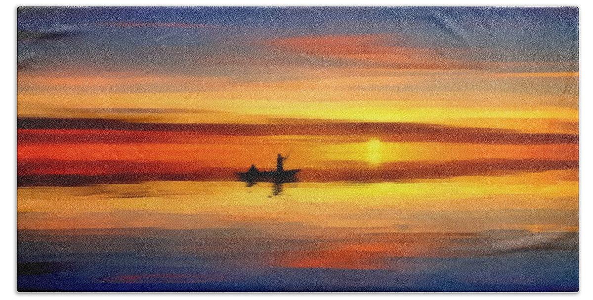 Sunset Fishing Beach Towel featuring the painting Sunset Fishing by Harry Warrick
