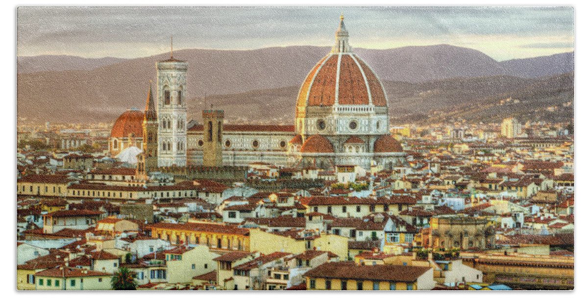 Florence Beach Towel featuring the photograph Sunset in Florence Triptych 3 - Duomo by Weston Westmoreland