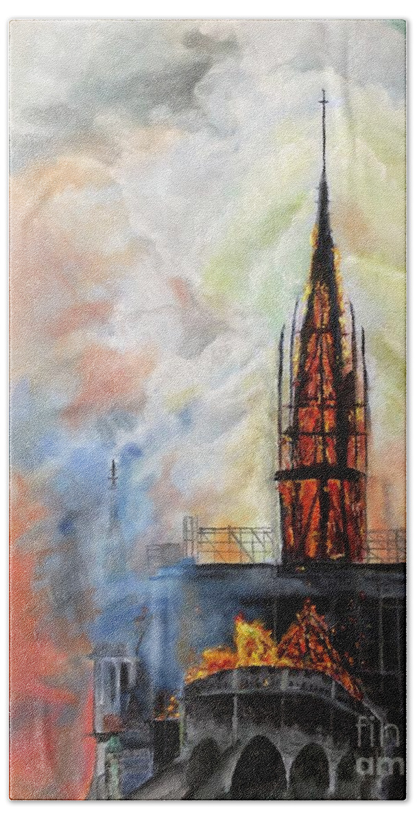 Notre Dame Beach Towel featuring the painting Sunset on Notre Dame by Kate Conaboy