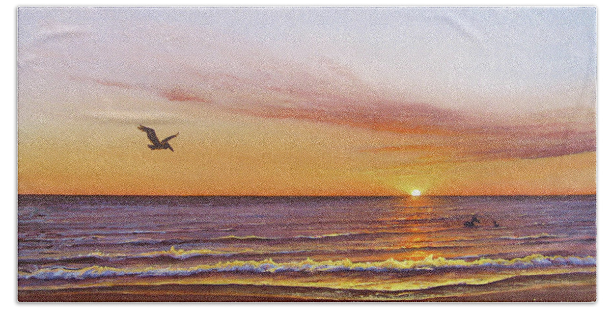 Seascape Beach Towel featuring the painting Sunset on the Gulf by Joe Mandrick