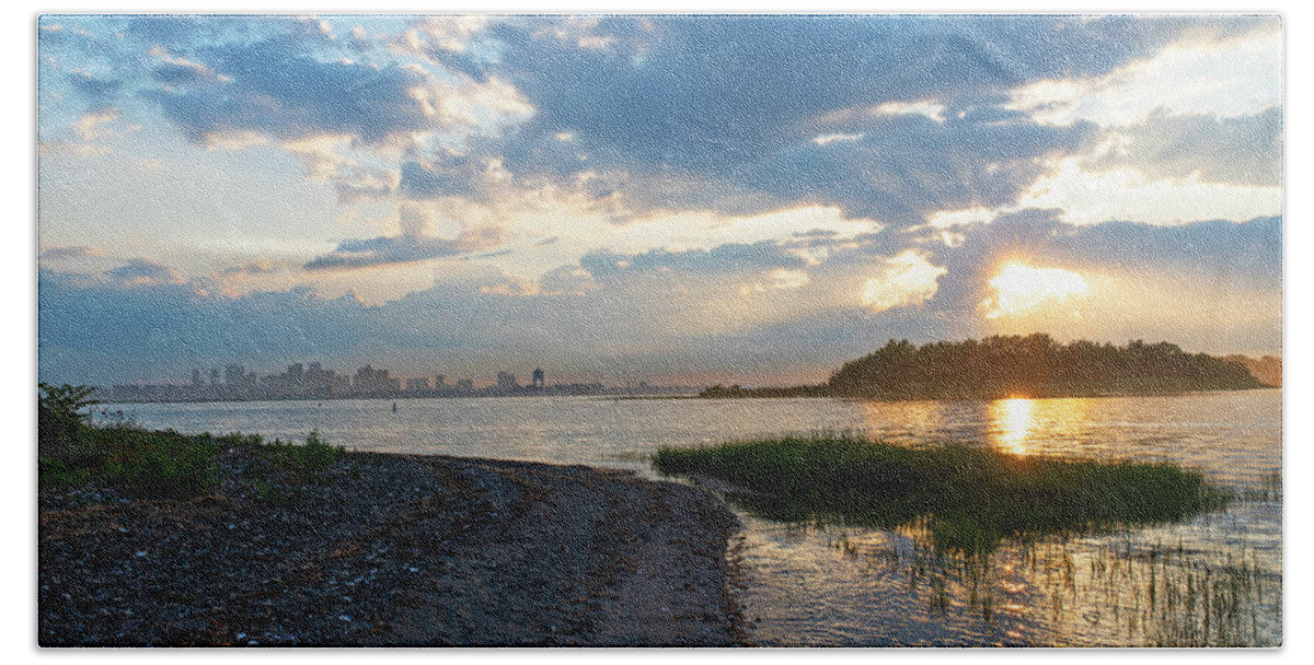 Winthrop Beach Towel featuring the photograph Sunset over Snake Island in Winthrop MA from Coughlin Park Green Grass Boston Skyline by Toby McGuire