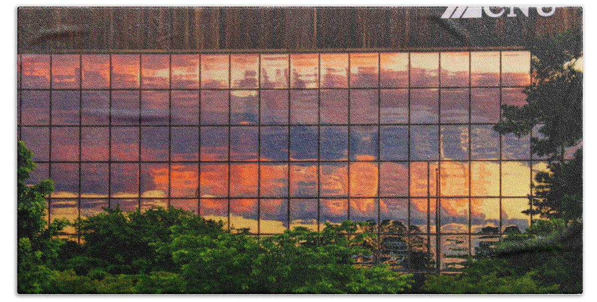 Sunset Beach Towel featuring the photograph Sunset Reflections on a Wall of Glass by Ola Allen