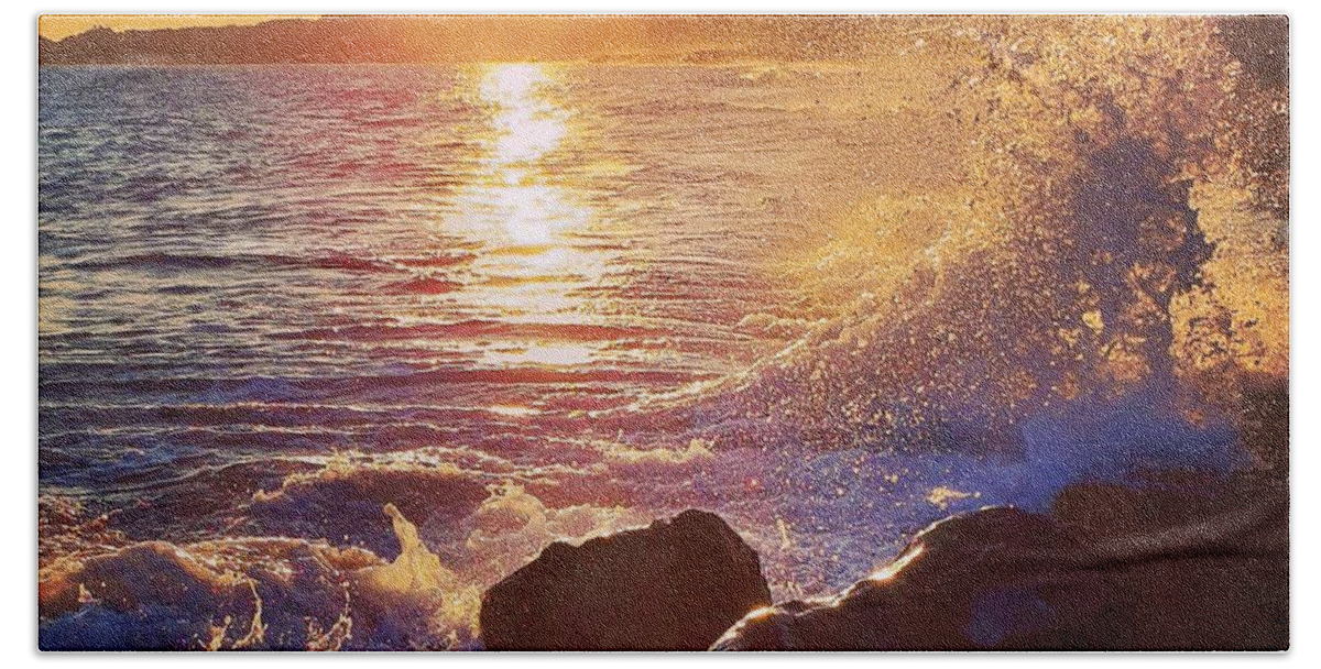Sunset Beach Towel featuring the photograph Sunset Splash by Andrea Whitaker