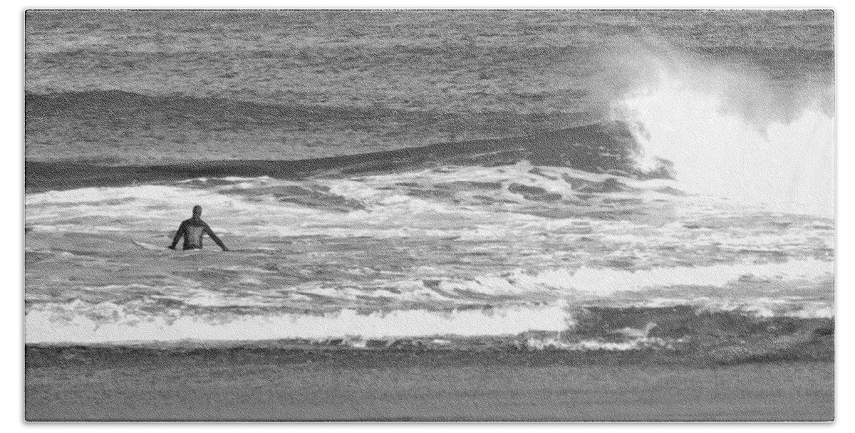 Surfer Beach Towel featuring the photograph - surfer short sands, York ME. black and white by THERESA Nye