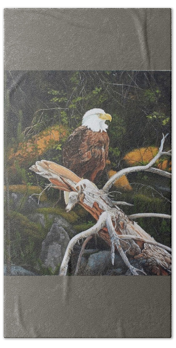 Eagle. Bald Eagle Beach Towel featuring the painting Surveying The Sea by Tammy Taylor