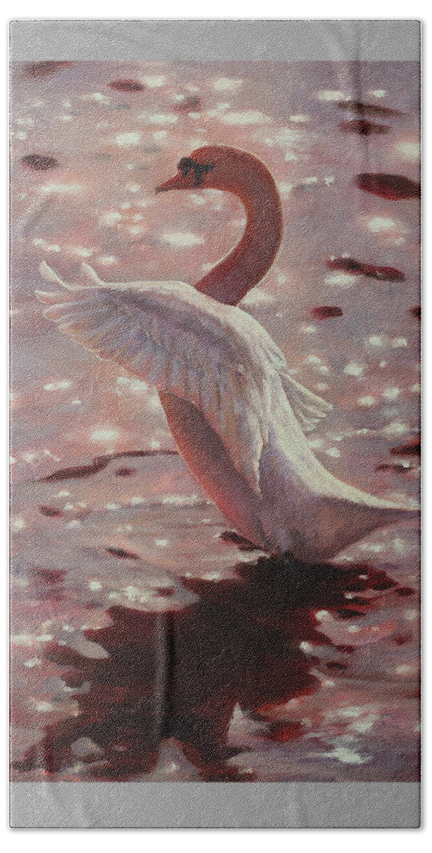 Swan Beach Towel featuring the painting Pink Sunset Swan by Lynne Pittard