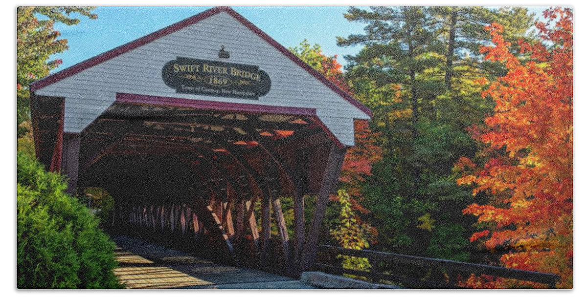 Swift Beach Towel featuring the photograph Swift River Bridge Conway NH Autumn Tree by Toby McGuire