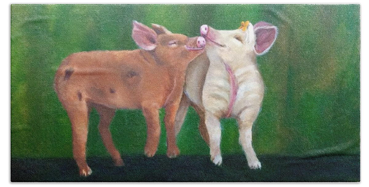 Pigs Beach Towel featuring the painting Swine Snuggles by Deborah Naves