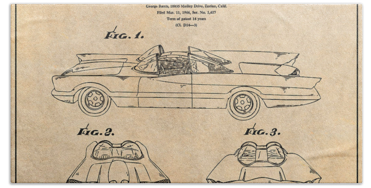 1966 George Barris Batmobile Patent Print Beach Towel featuring the drawing 1966 George Barris Batmobile Antique Paper Patent Print by Greg Edwards
