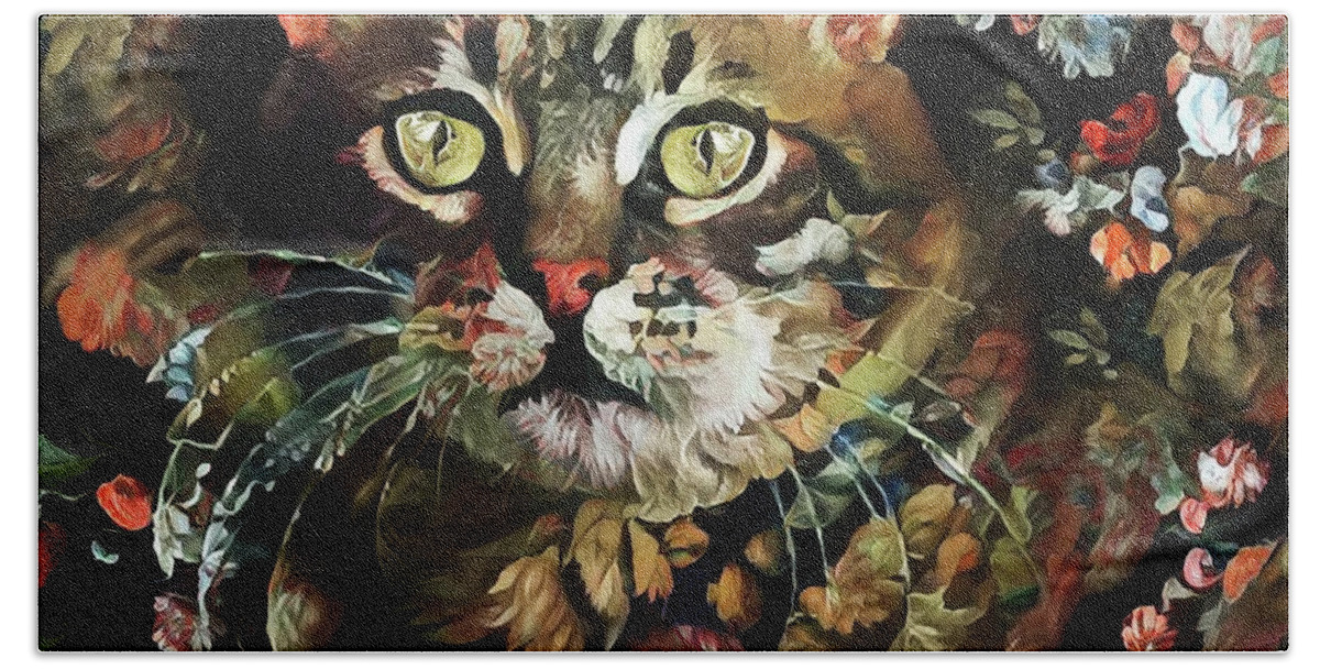 Cat Beach Towel featuring the digital art Tabby Cat Old World Floral by Peggy Collins