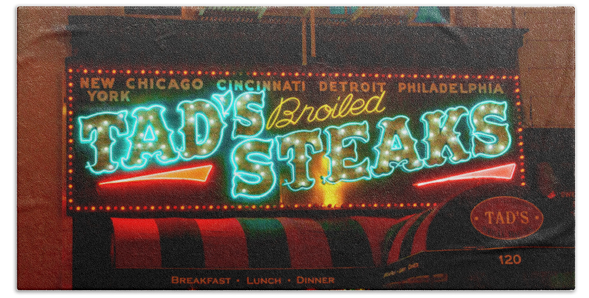 Tads Steaks Sign Beach Towel featuring the photograph Tads Steaks Sign by Bonnie Follett