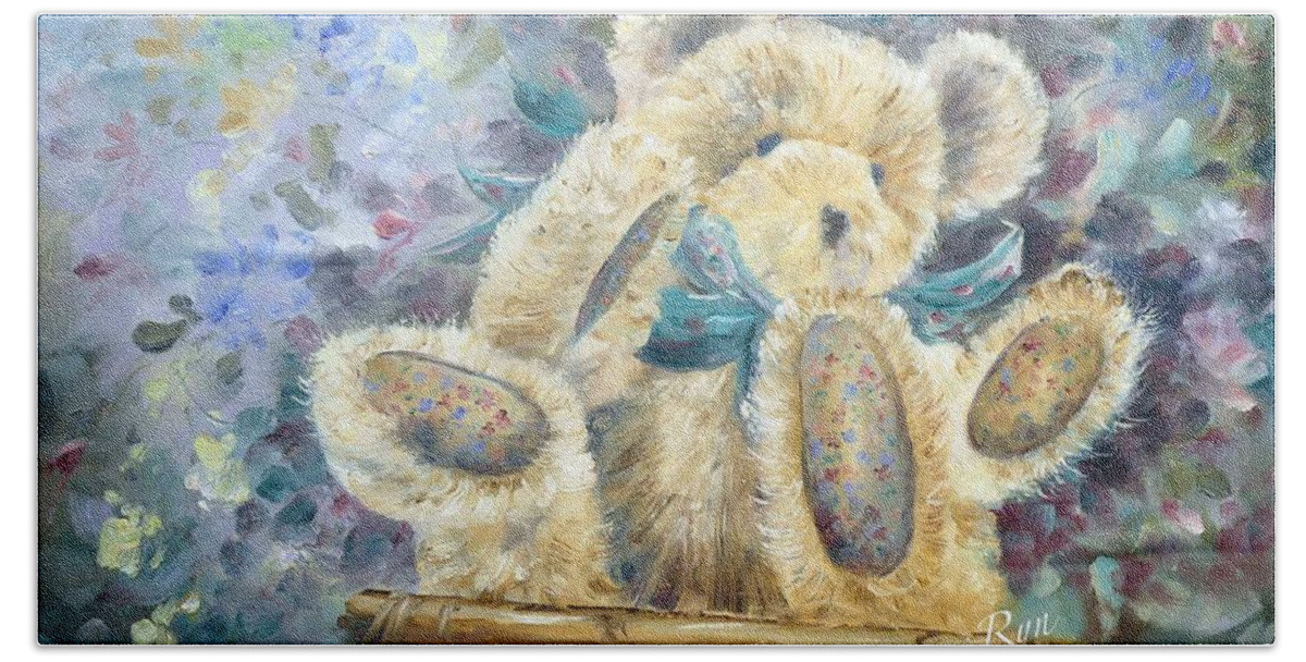 Teddy Bear Beach Towel featuring the painting Teddy Bear in Basket by Ryn Shell