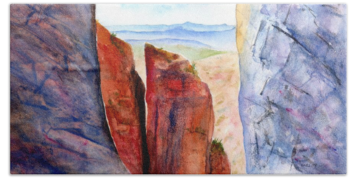 Big Bend Beach Towel featuring the painting Texas Big Bend Window Trail Pour Off by Carlin Blahnik CarlinArtWatercolor