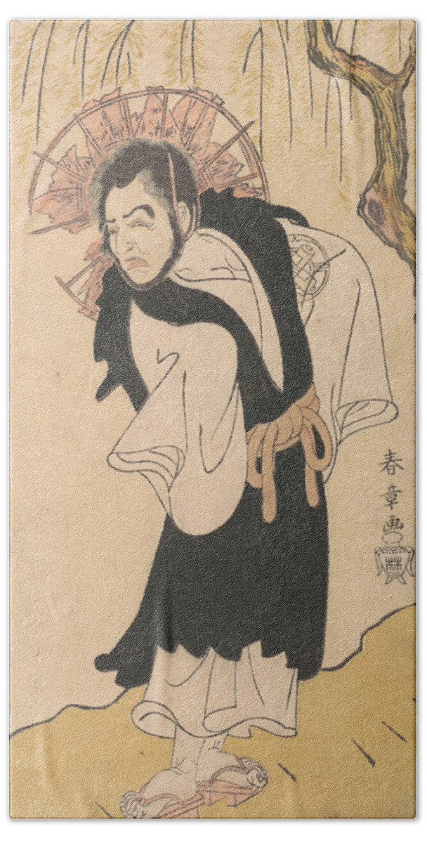 18th Century Art Beach Towel featuring the relief The Actor Nakamura Utaemon I as a Monk under a Willow Tree by Katsukawa Shunsho