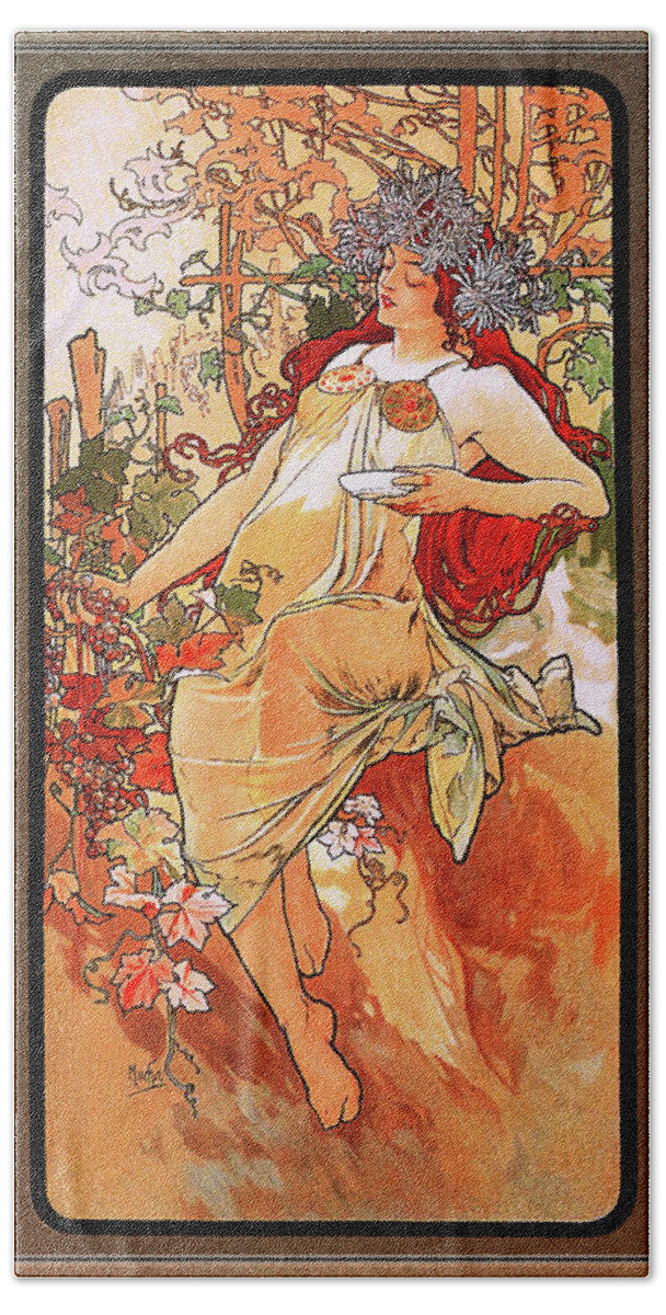 The Autumn Beach Towel featuring the painting The Autumn by Alphonse Mucha by Rolando Burbon