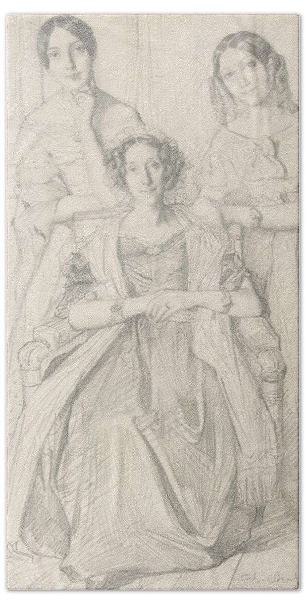 19th Century Art Beach Towel featuring the drawing The Baroness Duperre and Her Daughters by Theodore Chasseriau