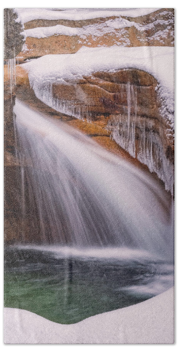Franconia Notch Beach Towel featuring the photograph The Basin, Close Up In A Winter Storm by Jeff Sinon