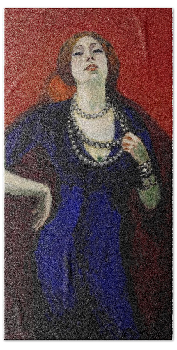 Kees Van Dongen Beach Towel featuring the painting The Blue Dress. by Kees van Dongen -1877-1968-