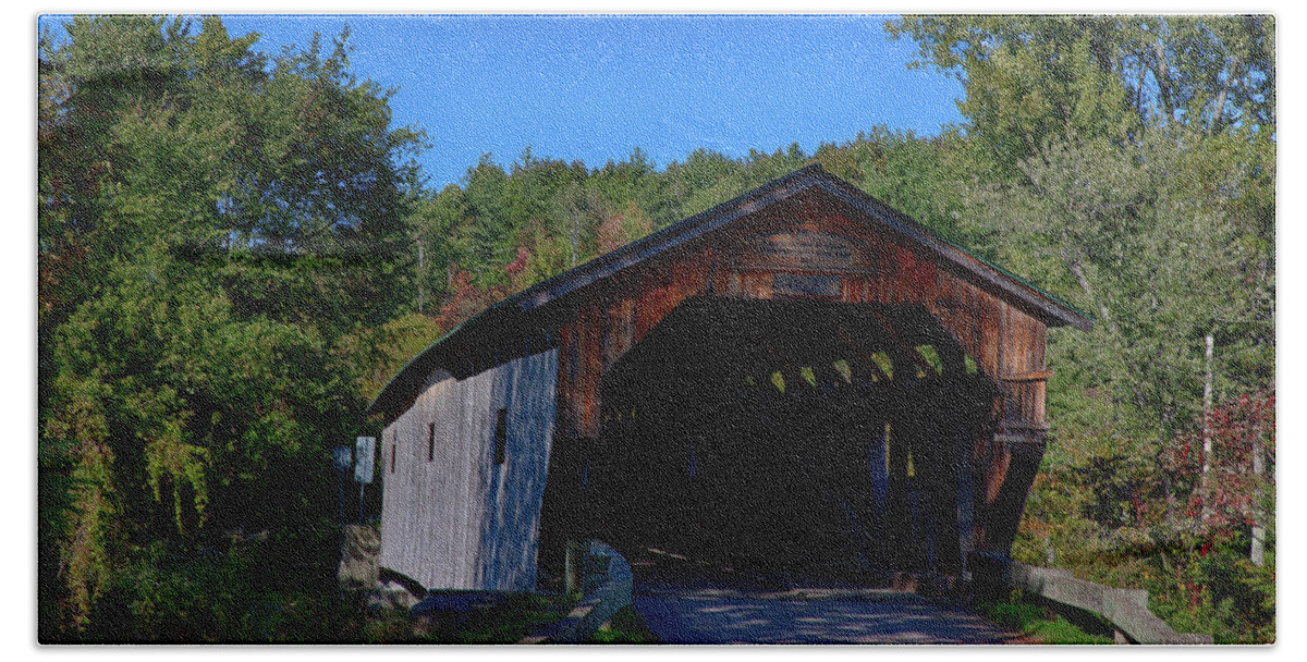 Autumn Foliage New England Beach Towel featuring the photograph The Cambridge Junction Covered bridge by Jeff Folger
