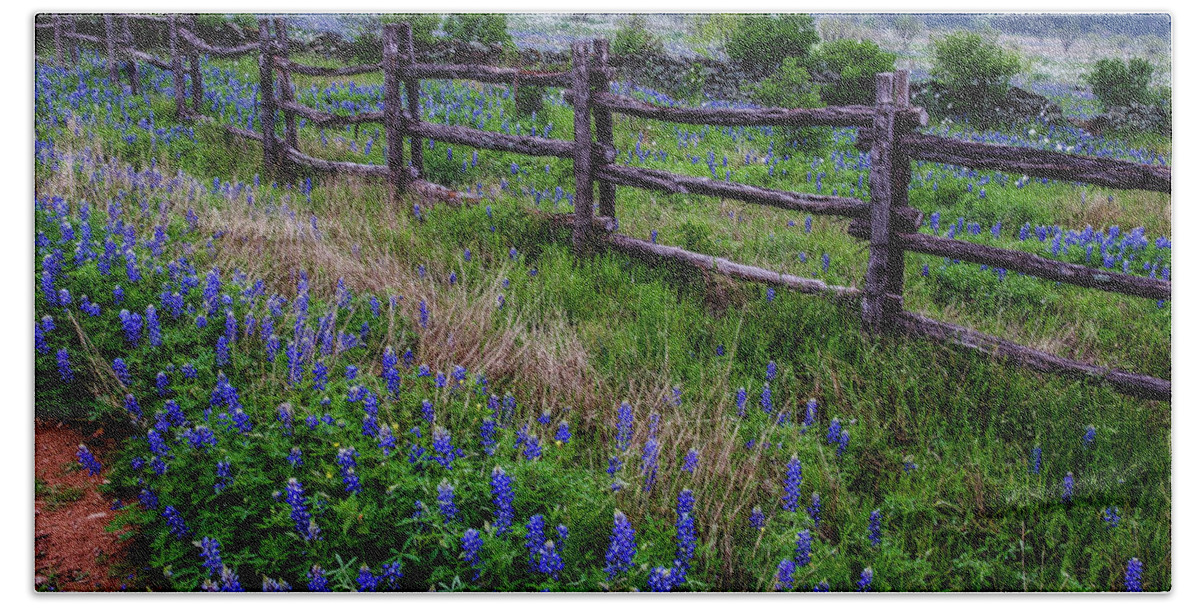 Texas Bluebonnets Beach Towel featuring the photograph The Fence of Times Past by Johnny Boyd