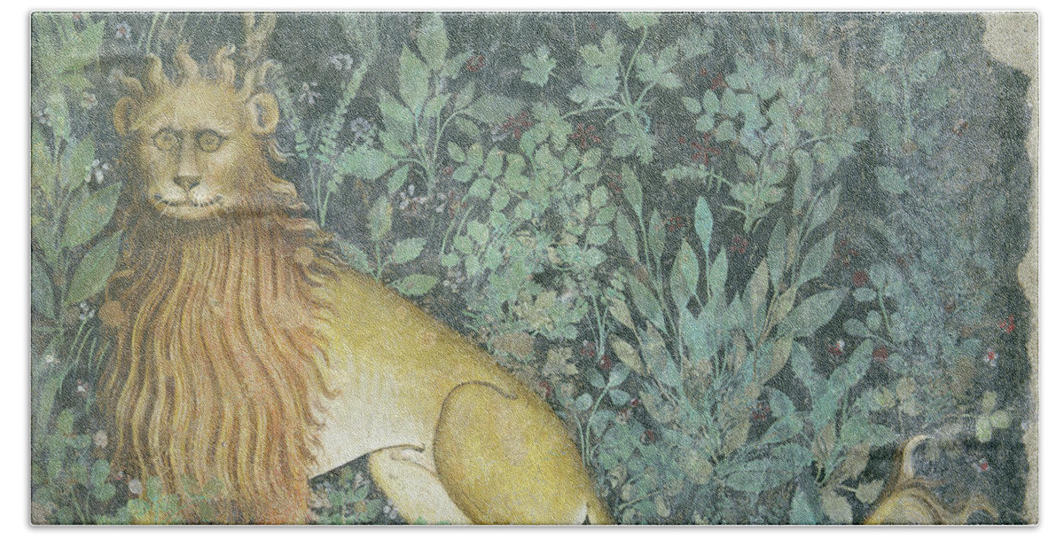 Undergrowth Beach Towel featuring the painting The Fountain Of Life, Detail Of A Lion, 1418-30 by Giacomo Jaquerio