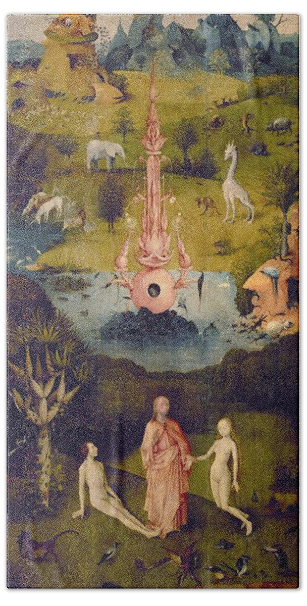 Adam Beach Towel featuring the painting 'The Garden of Earthly Delights' -left panel-, 1500-1505, Oil on panel, 220 cm x 97 cm, P02823. EVE. by Hieronymus Bosch -c 1450-1516-