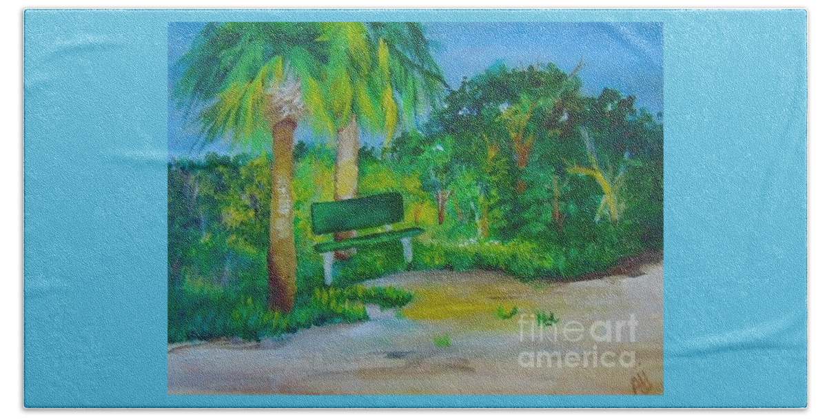 Green Beach Towel featuring the painting The Green Bench by Saundra Johnson