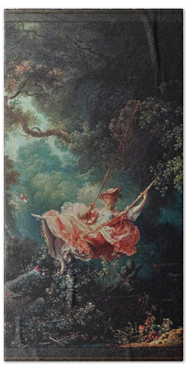The Happy Accidents Beach Towel featuring the painting The Happy Accidents of the Swing by Jean-Honore Fragonard by Rolando Burbon
