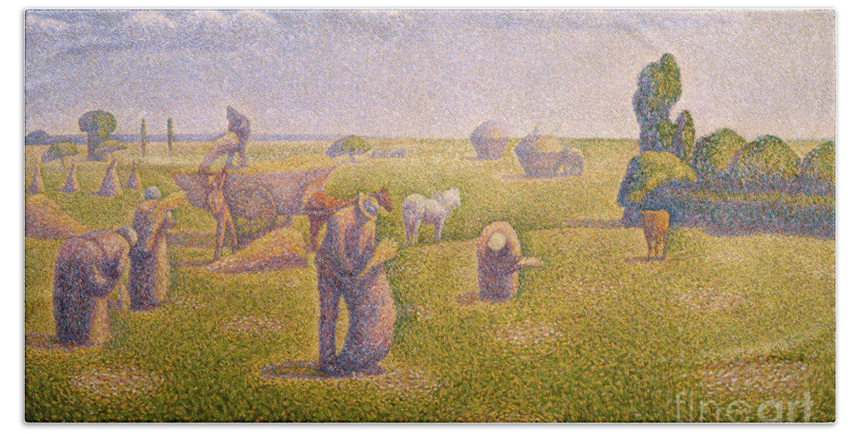 The Harvesters Beach Towel featuring the painting The Harvesters, 1892 by Charles Angrand