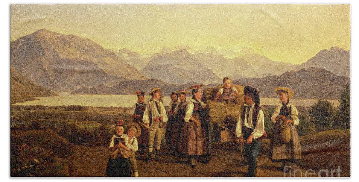 Lake Beach Towel featuring the painting The Homecoming From The Harvest On Lake Zug, 1844 by Ferdinand Georg Waldmuller
