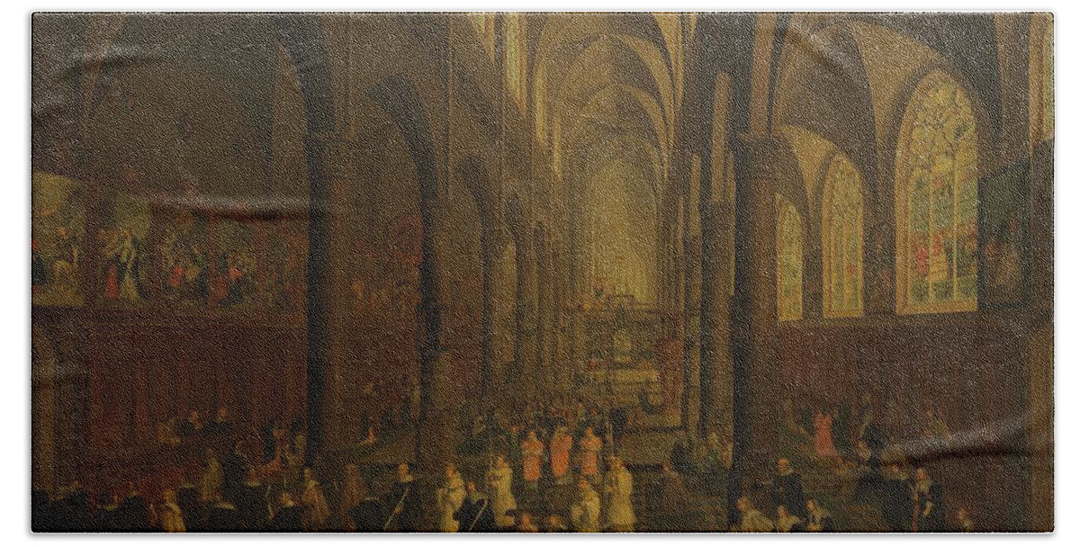 Oil On Panel Beach Towel featuring the painting The interior of the Dominican church in Antwerp. by Pieter Neefs -I-